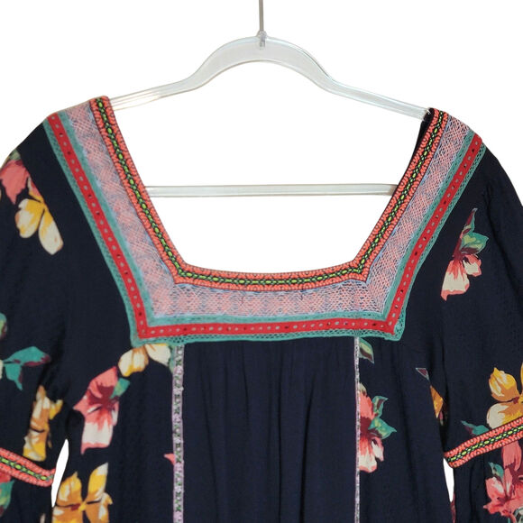 Anthropologie Dakota Embroidered Floral Square Neck Top Bell Sleeve Blue Boho M - Picture 11 of 16